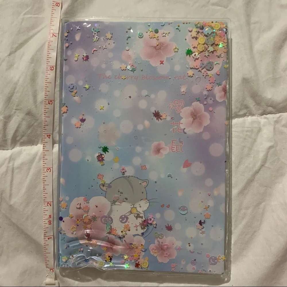 Cherry Blossom and Rat Design Small Notebook w/ Water Gel Front Cover w/ Sequins